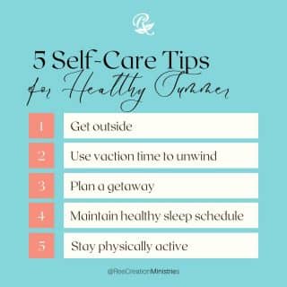 It's officially the 1st day of Summer!!!!!⁠
Here are 5 self-care tips to maintain your mental health during the summer⁠
⁠
1. Get outside⁠
Exposure to natural sunlight increases levels of vitamin D and serotonin, which are known to boost your mood.⁠
⁠
2. Use your vacation time to unwind⁠
Many use vacation time to accomplish tasks around the house we neglect during the busy workweeks. This summer really take the time to use your vacation to unwind and enjoy yourself. ⁠
⁠
3. Plan a getaway⁠
Getting out of town and experiencing a change in scenery is a great way to unwind and refocus your energy on the present. It doesn't have to be very far or for very long. Just enough that you can get away from the daily grind and clear your mind and boost your mood.⁠
⁠
4. Maintain a healthy sleep schedule⁠
This one is hard for me. There's a tendency to stay up later because it's summer, and the school's out. But it is important to maintain a healthy and steady sleep schedule for yourself and your kids as an essential component of our mental health.⁠
⁠
5. Stay Physically active⁠
Summer heat can make it so tempting to just stay indoors and sit on the couch to catch up on shows, but often this has a negative consequence on our physical and mental health.  Adding some physical activity to your day can be as simple as light exercise around your house, at the gym, or taking a walk outside around your neighborhood or a park. Physical activity is known to boost your mood.⁠
.⁠
.⁠
.⁠
.⁠
#FaithAndMentalHealth #MentalHealthAwareness #Depression #Anxiety #ChristianMentalHealth #HealingJourney #HopeForNewBeginnings #ThereIsAlwaysHope #MentalEmotionalSpiritualWellness #MentalHealthMatters #LifeWithPurpose #IdentityInChrist #DreamCreateInspire #ReeCreationMinistries #ChristianLiving #ChristianEncouragement #ChristianInspiration #FaithJourney #FaithInspired  #FaithWriters