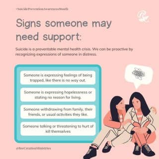 I can't stress this enough. Suicide is a preventable mental health crisis. We can be proactive by recognizing expressions of someone in distress.⁠
⁠
- Someone is expressing feelings of being trapped, like there is no way out.⁠
- Someone is expressing hopelessness or stating no reason for living.⁠
- Someone withdrawing from family, their friends, or usual activities they like.⁠
- Someone talking or threatening to hurt of kill themselves.⁠
⁠
If you notice any of these signs, or have concerns about a friend or loved one, please offer your support. Encourage them to seek help. Even helping them to get to their first appointment will show that you support them. I still remember the ones who helped me get to mine. I think if they didn't I never would have gone. Any help and support you can offer goes a long way.⁠
.⁠
.⁠
.⁠
.⁠
#SuicidePreventionAwarenessMonth #SuicidePreventionAwareness #ThereIsHelp #FaithAndMentalHealth #MentalHealthAwareness #Depression #Anxiety #ChristianMentalHealth #HealingJourney #HopeForNewBeginnings #ThereIsAlwaysHope #MentalEmotionalSpiritualWellness #MentalHealthMatters #LifeWithPurpose #IdentityInChrist #DreamCreateInspire #ReeCreationMinistries #ChristianLiving #ChristianEncouragement #ChristianInspiration #FaithJourney #FaithInspired  #FaithWriters