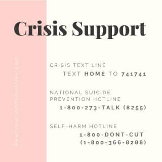 As we close out Suicide Prevention Awareness Month I want to leave you with these Crisis Support Numbers. If you don't already have these saved on your phone or somewhere you can access easily please do so.⁠
⁠
Crisis Text Line: Text HOME to 741741⁠
National Suicide Prevention Hotline: 1-800-273-TALK (8255)⁠
Self-Harm Hotline: 1-800-DONT-CUT (1-800-366-8288)⁠
.⁠
.⁠
.⁠
.⁠
#CrisisSupport #SuicidePreventionAwarenessMonth #FaithAndMentalHealth #MentalHealthAwareness #Depression #Anxiety #ChristianMentalHealth #HealingJourney #NewHope #HopeForNewBeginnings #LifeWithPurpose #IdentityInChrist #DreamCreateInspire #ReeCreationMinistries #ChristianLiving #ChristianEncouragement #ChristianInspiration #FaithJourney #FaithInspired  #FaithWriters